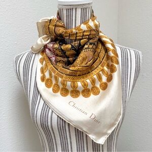 Christian Dior Vintage Silk Scarf Gold Navy Medallion Square 34”